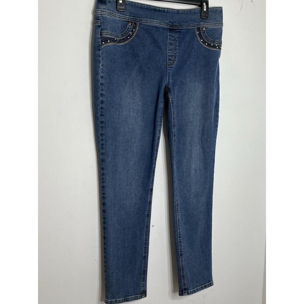 Chicos Jeans Stretch Womens 1 Blue Medium Embellished Denim Leg 10 S (12)